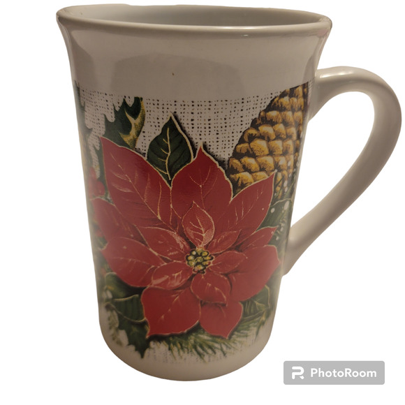Royal Norfolk Coffee Cup Holiday Christmas Pine Cones and Poinsettia 12 oz - Picture 1 of 7
